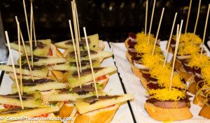 Two Types of Pintxo. The one on the Left is A Manchego Cheese and Anchovy and the Other is a Mixture of Meat and Cheese