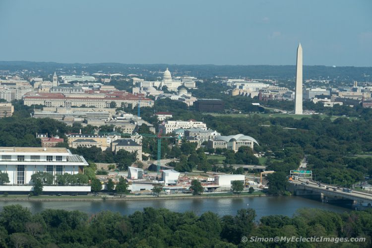 A View of the Washington Monument, the Capitol and the Kennedy Center for the Performing Arts from the Observation Deck at Central Place, Arlington (©simon@myeclecticimages.com)